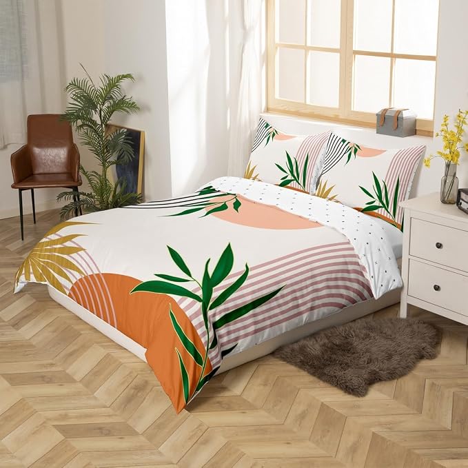 Erosebridal Geometric Leaves Comforter Cover Full for Kids Boys Girls,Abstract Modern Brown Duvet Cover,Botanical Minimalist Bedding Set,Mid Century Aesthetic Bed Set 3 Pcs Bedroom Decor