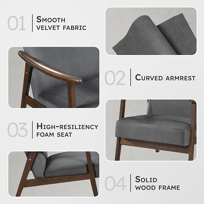 Lexicon Mid Century Modern Chair Velvet Accent Chair for Living Room Chair w/Solid Wood Armrests and Legs, Cushioned Seat and Backrest, Reading Chair and Lounge Chair for Bedrooms/Studios, Dark Grey