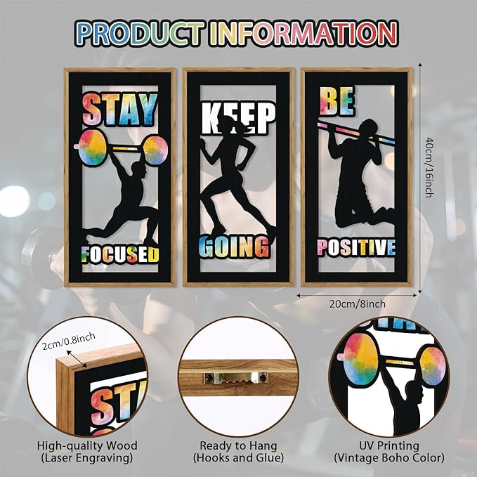 HPNIUB 3PCS Motivational Gym Wall Decor, Inspirational Workout Wooden Sign for GYM, Sports Silhouette Wood Hanging Wall Art for Exercise Classroom Workout Room Decoration(8x16Inch)