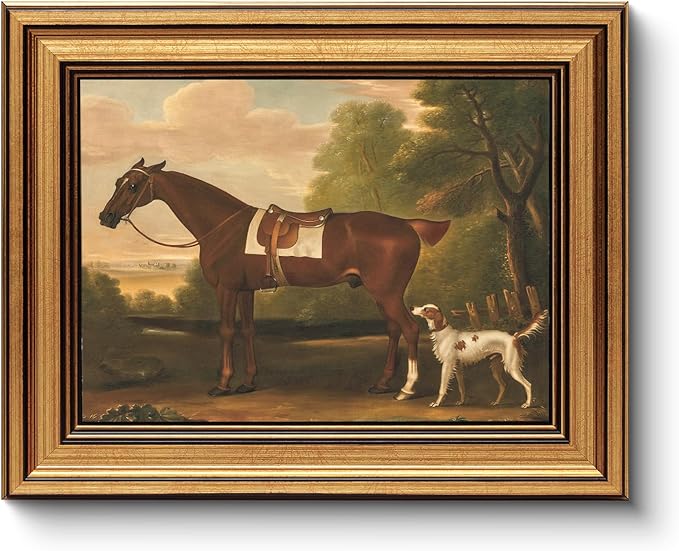 HUARCEY Gold Framed Vintage Wall Art for Living Room, Animals Painting Prints Shelf Decor for Kitchen, Aesthetic Bedroom Wall Art, Best Gifts for Friends or Family - Human Horse Dog 10L x 8W