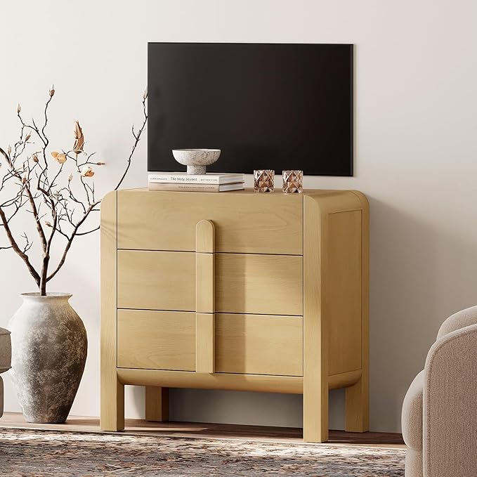WAMPAT Sideboard Buffet Cabinet with Storage with 3 Drawers, Modern French 31.5" W Buffet Cabinet with Storage, Wood Coffee Bar Cabinets with Curved Edge Design for Kitchen Living Room, Oak