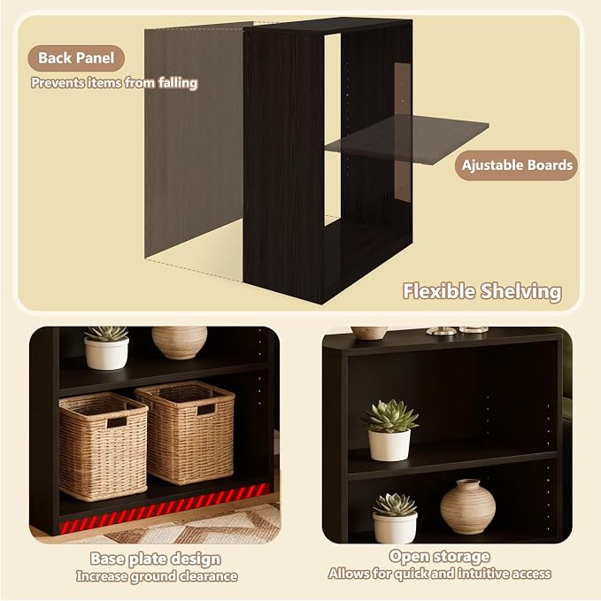CTESNE【2026 Adjustable Shelves 3-Tier Bookcase, 71 inches, Wooden Open Display Floor Bookshelf (Chocolate Color)