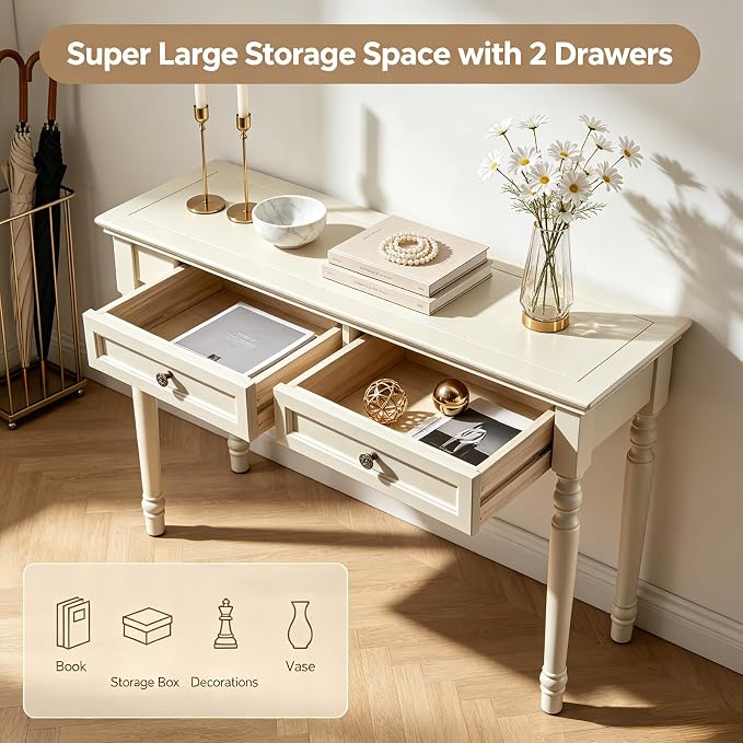 ADORZ Narrow Writing Desk with Drawers, 47 Inch French Country Solid Wood Desk for Home Office, Study Workspace or Bedroom, White
