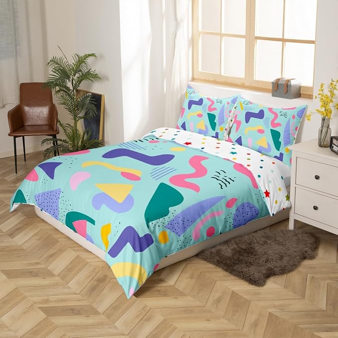 Rainbow Cow Print Bedding Set Memphis Pattern Old Fashioned Comforter Cover King,Geometric Abstract Colorful Dots Duvet Cover 80s 90s Retro Bed Set,Multicolor Vintage 80'S Style 1980S Home Decor