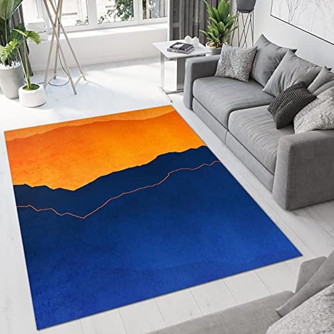 Modern Orange Blue Irregular Geometry Art Area Rug, Mid-Century Abstract Indoor Carpet, Soft Foldable Non Slip Breathable Sofa Carpets for Living Room Bedroom Entryway Hotel Office 3x4ft