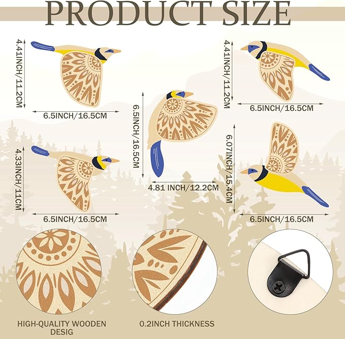 Barydat 5 Pcs Wooden Bird Wall Art Wood Flying Birds Wall Decor Rustic Folk Art Scandinavian Home Decor for Gift Living Room Bedroom Kitchen Office(Blue)
