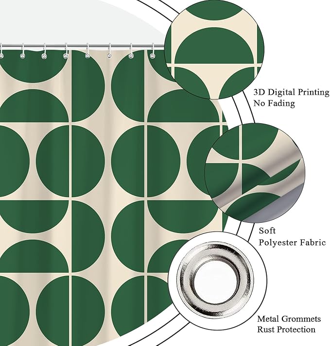 Green Mid Century Modern Shower Curtain, Boho Abstract Geometric Retro Art Bath Curtains for Bathroom, Colorful Unique Pattern Waterproof Polyester Fabric Bathroom Set 12 Hooks 72X72IN
