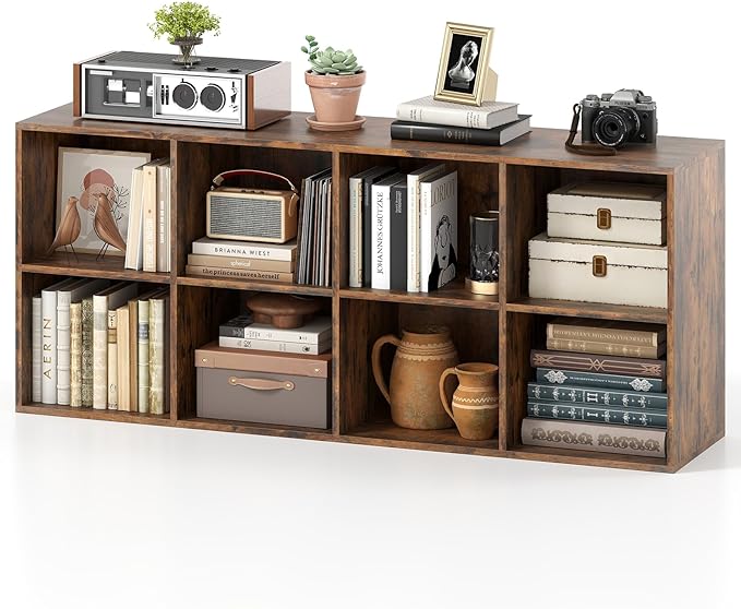 Tangkula 8-Cube Bookcase, Large Floor Standing Horizontal Bookshelf with 8 Open Shelves & 2 Anti-Tipping Kits, Home Office Wooden Storage Book Shelf for Living Room, Study (Rustic Brown, 8-Cube)