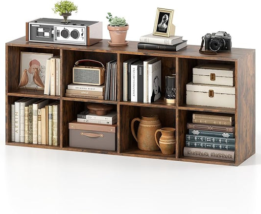 Tangkula 8-Cube Bookcase, Large Floor Standing Horizontal Bookshelf with 8 Open Shelves & 2 Anti-Tipping Kits, Home Office Wooden Storage Book Shelf for Living Room, Study (Rustic Brown, 8-Cube)