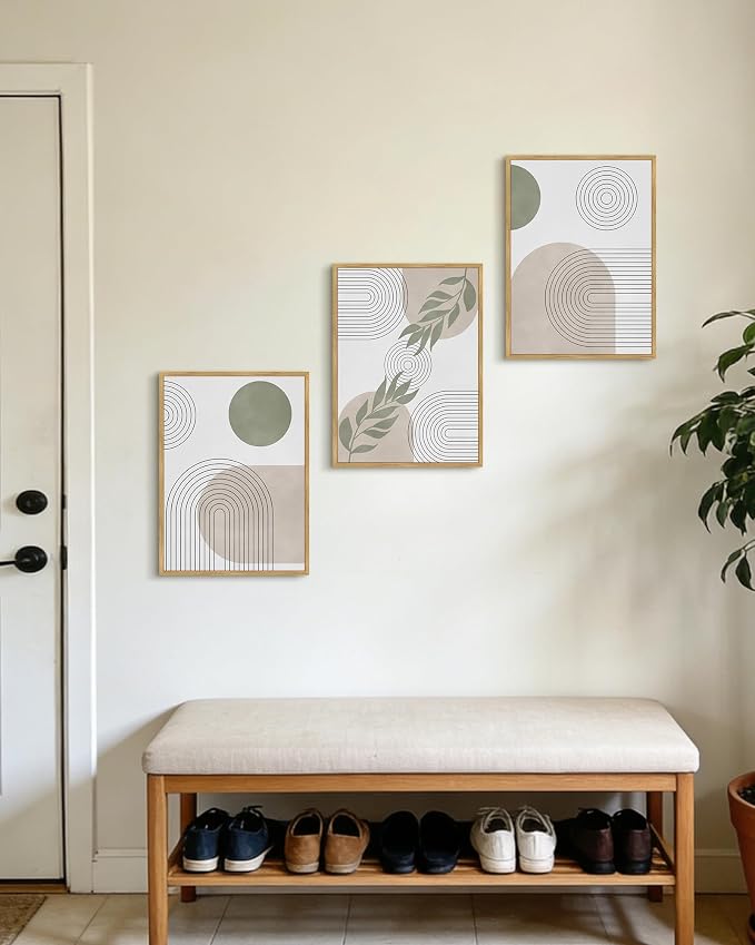 Drsoum Green Bohemian Wall Art Framed Boho Plant Sage Wall Decor Abstract Geometry Artwork Bedroom Home Office Living Room Prints Ready to Hang 11x14in Natural Framed