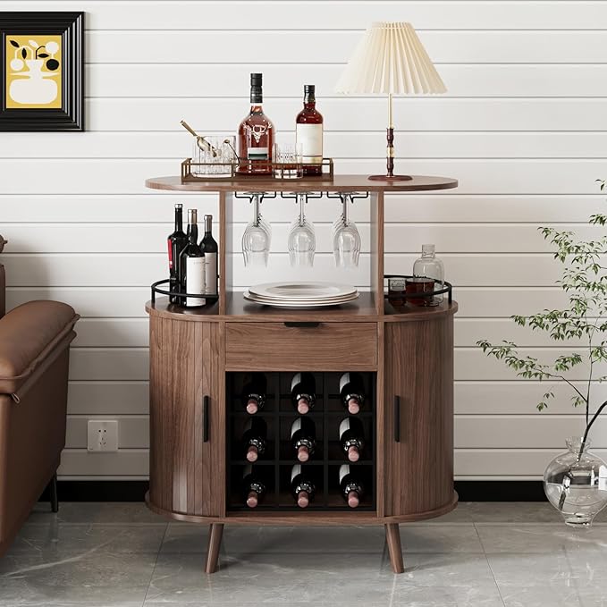Wine Bar Storage Cabinet, Coffee bar Cabinet for Liquor with Open Wine Rack & Sliding Doors, Modern Home Bar for Living Room, Kitchen, Dining Room (Walnut)