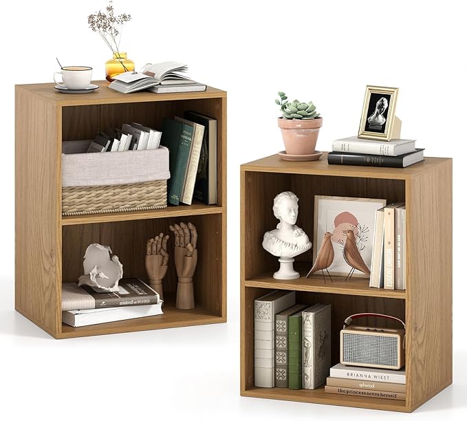 Giantex 2-Cube Bookshelf and Bookcase, 2-Layer Storage Shelf w/Large-Capacity Open Storage Space for Living Room Bedroom Study Office, Multi-Functional Furniture Display Cabinet, Natural