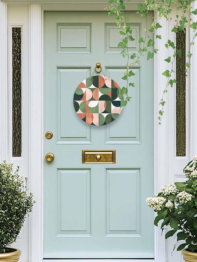 Welcome Sign for Front Door Mid Century Geometric Wood Door Hanger for Outdoor Outside Porch,10 Inch Round Wooden Wreath Indoor Wall Hanging Decoration, Abstract Modern Green Orange