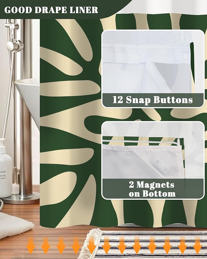 No Hook Shower Curtain and Snap in Liner Set, Matisse-Inspired Abstract Green Botanical Shower Curtains for Mid-Century Modern Boho Bathroom, Mesh Top Waterproof Bath Curtain, 71Wx74H