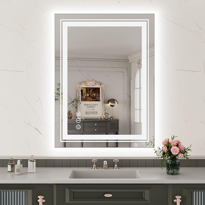 WTTY LED Bathroom Mirror with Backlit and Front Light,24"x32",Stepless Dimmable LED Mirror for Bathroom,Anti-Fog Lighted Bathroom Vanity Mirror Modern for Wall,Memory Function,Shatter-Proof