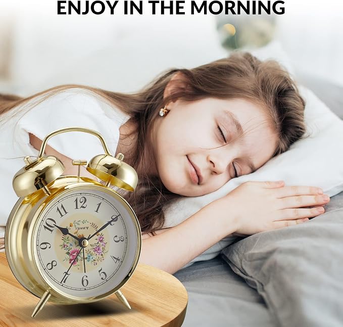 rjuwurv 4" Loud Alarm Twin Bell Alarm Clock, Night Light, Desk Clock Table Alarm Clock Bedroom Alarm Clock(Golden Rural)