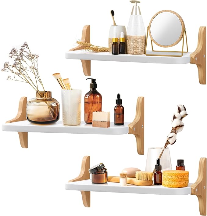 Wooden Floating Shelves for Wall, 15.7" W x 5" D x 0.6" H Large Wall Shelves, Hanging Storage Shelf with Sturdy Brackets for Living Room, Kitchen, Bathroom, Bedroom Decor, Walnut, 3 Packs