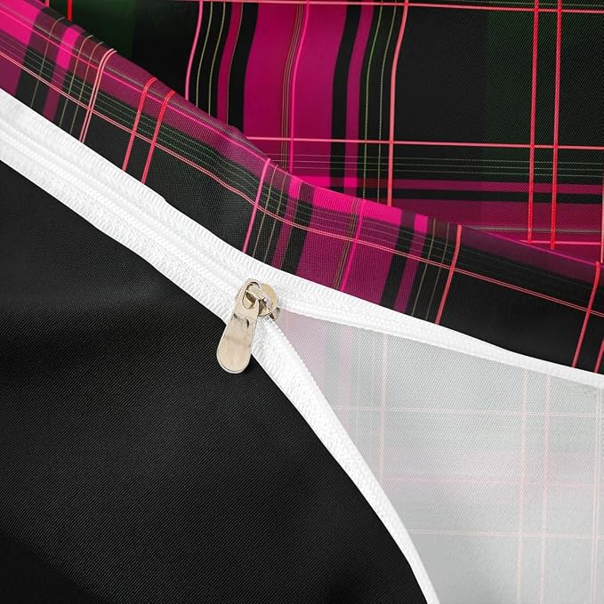 Erosebridal Geometric Plaid Grid Comforter Cover Queen Modern Checkered Tartan Bedding Set for Kids Teens Vintage Pink Black Duvet Cover Farmhouse Cabin Decor Bedroom Decor, Zipper