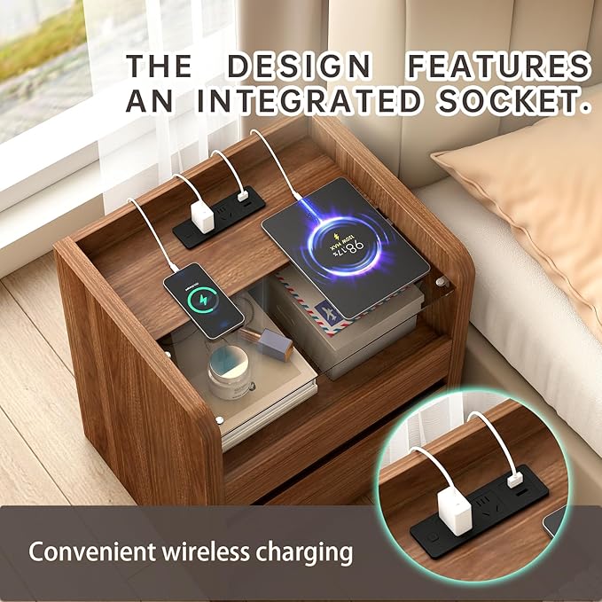 Walnut Nightstand with Charging Station, 20 Inch Wide Night Stand with Deep Drawers, Modern Bedroom Bedside End Table with Round Corners & Reinforced Panel Design for Dorm, Sofa, Office