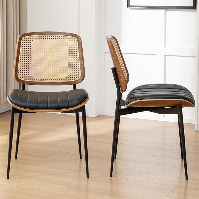 Rattan Dining Room Chairs Set of 2, Mid Century Modern Kitchen Ktichen Chairs,Faux Leather Walnut Wood Finish Side Chair, Metal Legs Desk Chair with Rattan Backrest,Black