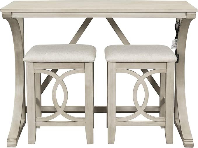 VilroCaz Farmhouse 3-Piece Counter Height Dining Table Set with USB Port and 2 Upholstered Stools, Rustic Dining Set Bar Set for Dining Room Kitchen (Cream)