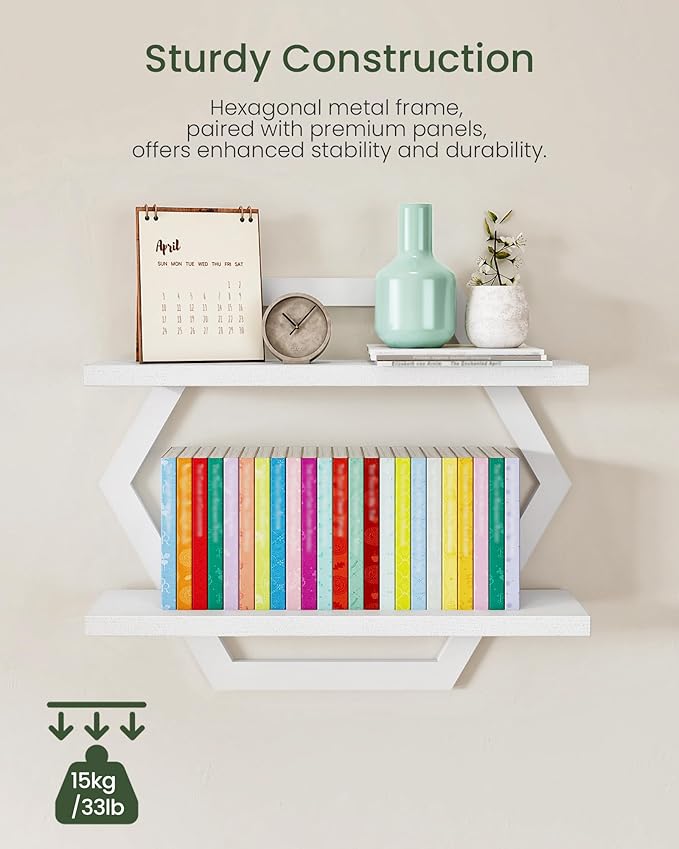 CHOEZON Hexagon Floating Shelves for Wall, Set of 2, 2 -Tier Hanging Shelves, Wall Mounted Storage Shelves, for Living Room, Bedroom, Kitchen, Home Office, Study, White TBJ06P2WB