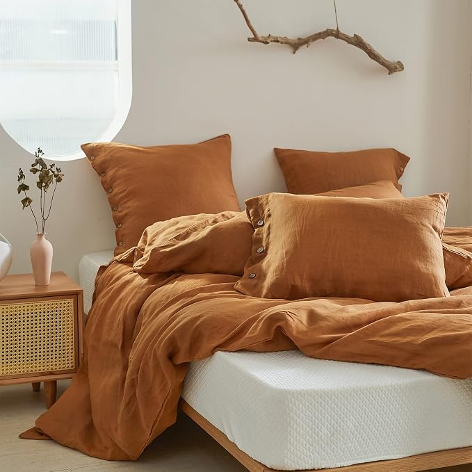 Simple&Opulence 100% Linen Duvet Cover Set 3pcs with Coconut Button Closure Natural French Washed Flax Solid Color Soft Breathable Farmhouse Bedding - Rust, Queen Size