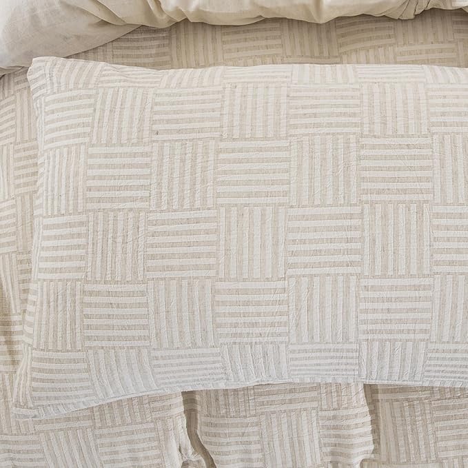 Beige Checkered Cotton Linen Duvet Cover King Size, Soft Breathable Bedding Set for Night Sweats -1 Textured Duvet Cover 104x90 Inches with Zipper Closure, 2 Pillowcases