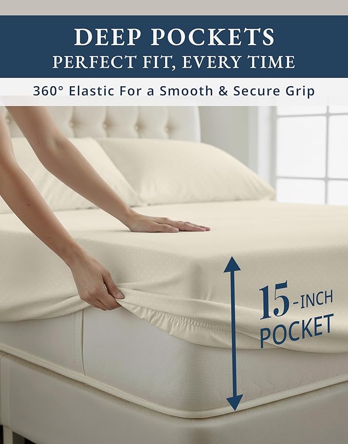 100% Egyptian Cotton King Size Sheets Set – Silky Sateen Weave for Warm Winter Comfort, Ultra Soft & Durable Christmas Sheets King Size, Snug Fit 15" Deep Pocket, Luxury Hotel Comfort at Home - Ivory