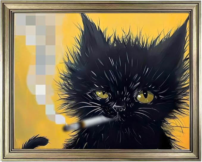 Vintage Framed Wall Decor Black Cat Painting Cat Portrait Wall Art Canvas Print Poster for Mens Room Bathroom Decor