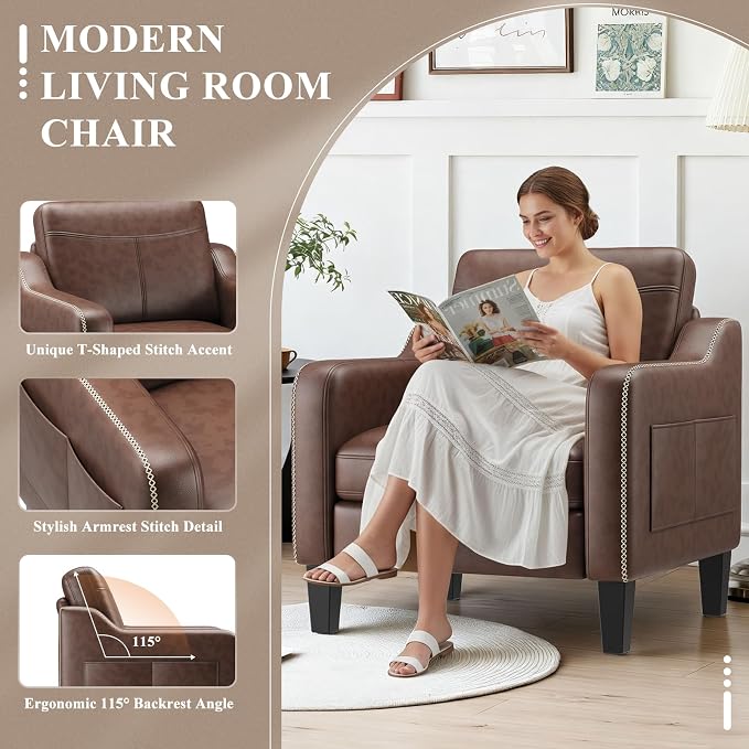 MALOL PU Leather Accent Chair, Mid-Century Modern Living Room Armchair Sofa with Removable Cushions, Solid Wood Frame & Stitched Armrest Design, Bedroom Chair with Plastic Legs, Chocolate Brown