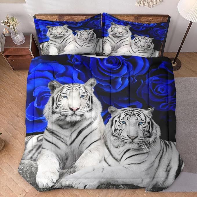 WeCozy Twin Size Comforter Set with Pillowcase, White Tiger Animal Cat 2 Pcs Bedding for Kids and Adults, Blue Rose Flower Background Soft Comforter Set for Bedroom Bed Decor