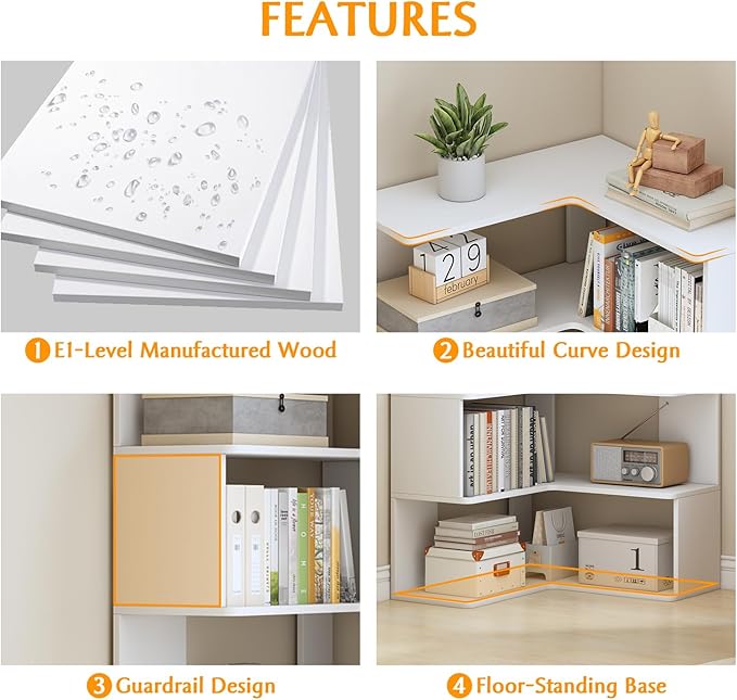 IOTXY 6-Tier L-Shaped Corner Bookshelf - 66" Tall Wooden Freestanding Bookcase with Open Shelf Units, White