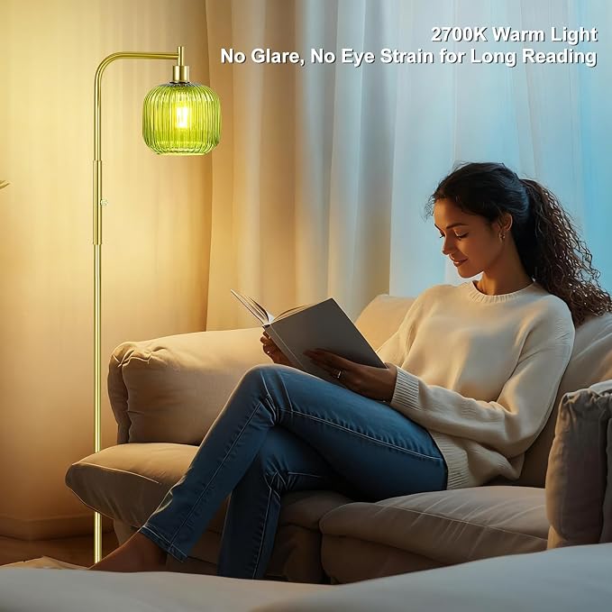 Vinaco Glass Arc Floor Lamps for Living Room, Brused Gold Floor Lamp with Ribbed Glass Shade, Dimmable Tall Lamps with Rotary Switch, Modern Standing Lamp with Bulb Included for Bedroom, Study Room