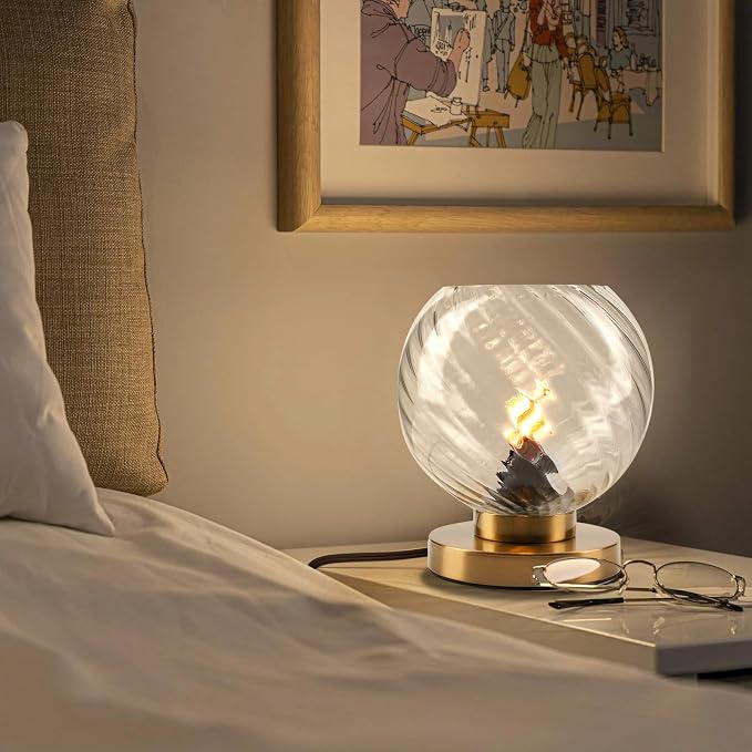 Mid Century Table Lamp Gold Metal Bedside Desk Lamp with Clear Ribbed Glass Shade, Plug-in Glass Globe Table Lamps for Office Studyroom