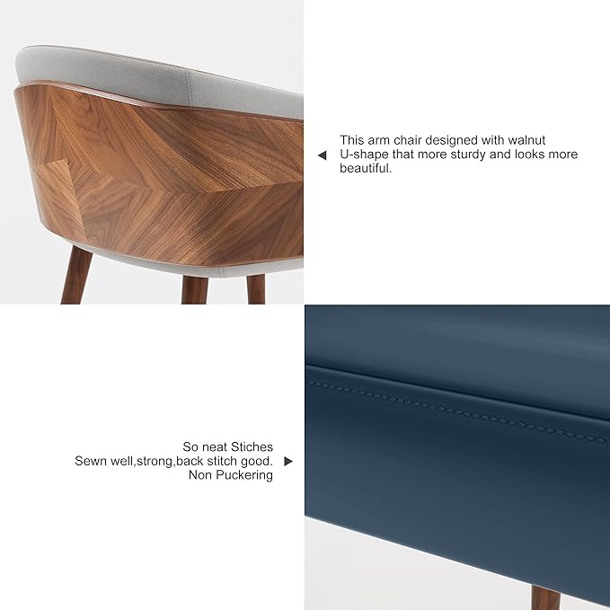 ARTPLAN Dining Accent Chair,Modern Faux Leather with Walnut, Mid Century Eucalyptus Upholsted Retro Arm Chair, Metal Legs Dissassembly Adjustable Foot for Kitchen Dining Room,Navy Blue