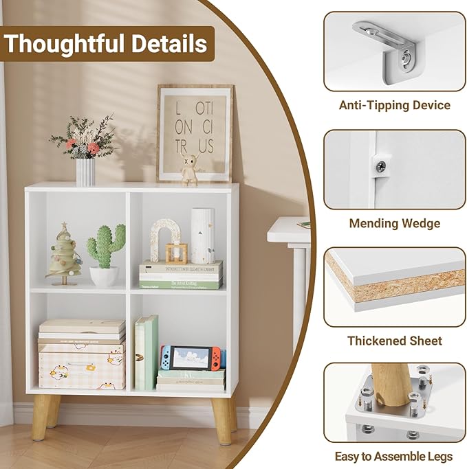 4 Cube Storage Organizer with Legs, 2 Tier Cube Low Bookcase Freestanding Storage Display Organizer for Home Office, Four-Cubes Open Shelf Short Bookshelf (White, 4 Cube)