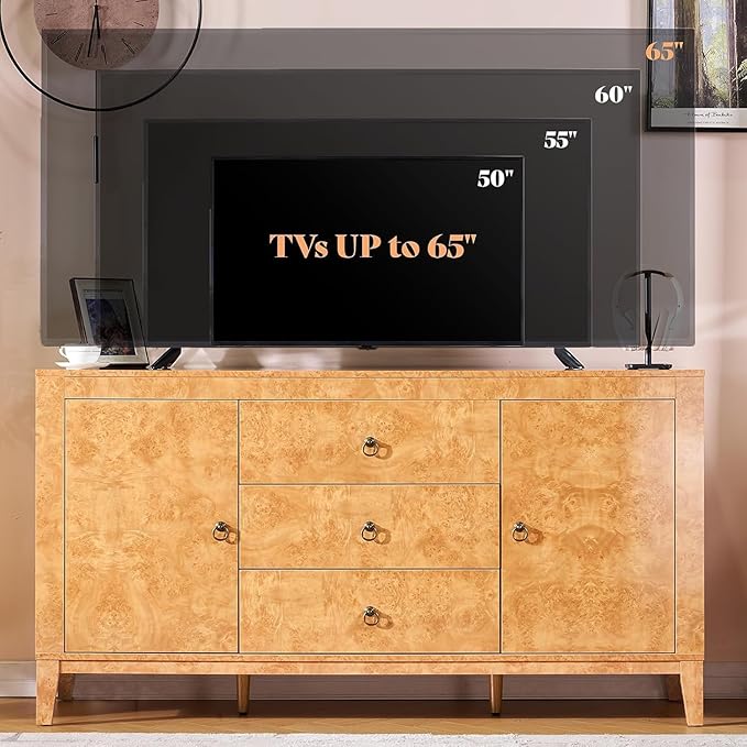 AMERLIFE 60" High Gloss Burl Buffet Sideboard Storage Cabinet, Large Wood Sideboard with Drawers, Retro Handles, Heavy Duty Coffee Wine Bar Buffet Table for Dining Room, Living Room, Yellow