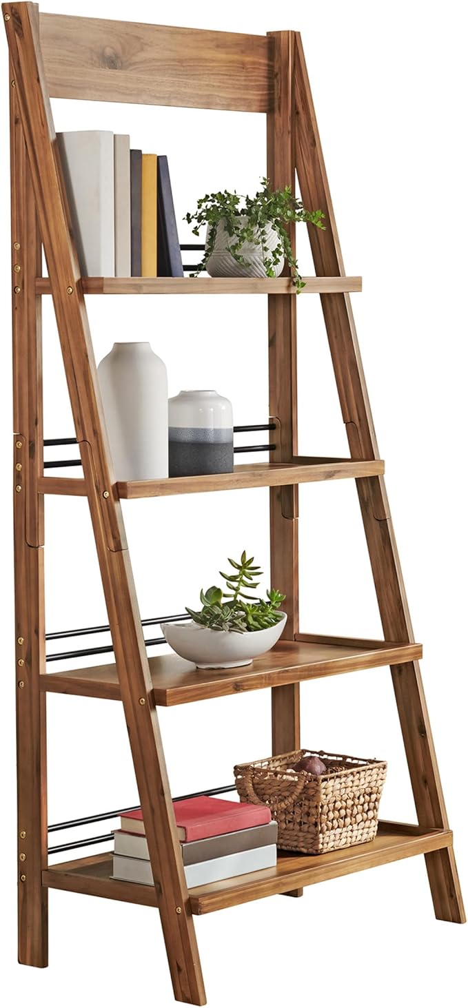 4-Tier Ladder Bookshelf - Freestanding Bookcase with Bar Back Frame - Shelves for Living Room, Kitchen, Bedroom, and Office by Lavish Home (Walnut)