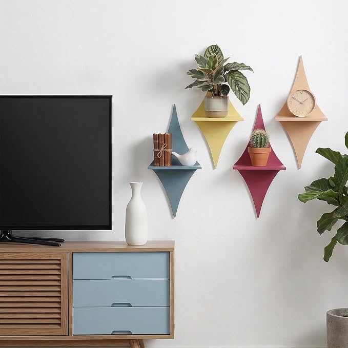 4 PCS Floating Wood Shelves Star Shaped, 13.8 X 5.9 Inch Mid Century Wall Decor Retro Small Wall Shelves Hanging Storage Sign Decoration for Bedroom, Living Room, Bathroom, Office Decor