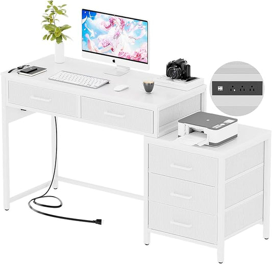 Unikito Reversible Computer Desk with 5 Drawers, Sturdy Office Desk with Power Outlets and USB Ports, Study Writing Table with File Cabinet & Printer Stand, Vanity Desk with Storage, White