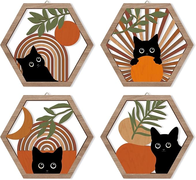 HPNIUB Boho Black Cat Wall Decor, Farmhouse Geometric Hanging Wooden Wall Art, 4 Pieces 11''x9.8'' Mid Century Bohemian Abstract Moon and Sun Wood Sign for Nursery Bedroom Decoration, Lovely Cat Gifts