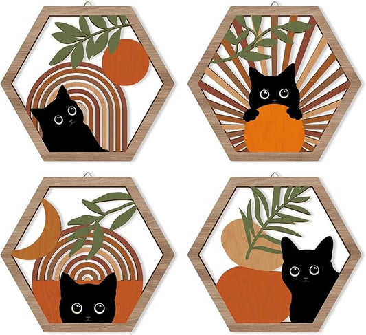 HPNIUB Boho Black Cat Wall Decor, Farmhouse Geometric Hanging Wooden Wall Art, 4 Pieces 11''x9.8'' Mid Century Bohemian Abstract Moon and Sun Wood Sign for Nursery Bedroom Decoration, Lovely Cat Gifts