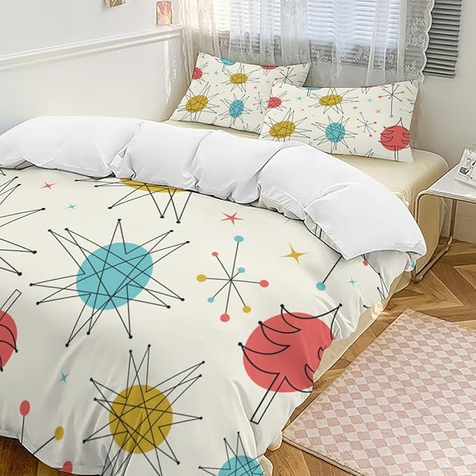 Mid Century Duvet Cover Queen Retro Atomic Bedding Set, Rainbow Grid Comforter Cover Vintage Fifties 1950s Bed Set，Abstract Art Bedding 3 Piece (1 Duvet Cover 90"x90" + 2 Pillow Sham 20"x30")