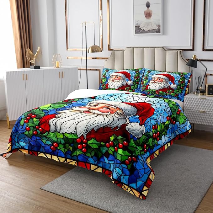 Santa Claus Kid Bedspread King Size,Merry Christmas Happy New Year Western Holiday Coverlet Set,Boys Girls Room Decor,Poinsettia Flower Geometric Quilted Coverlet,Xmas Bedding Quilt,2 Pillowcases