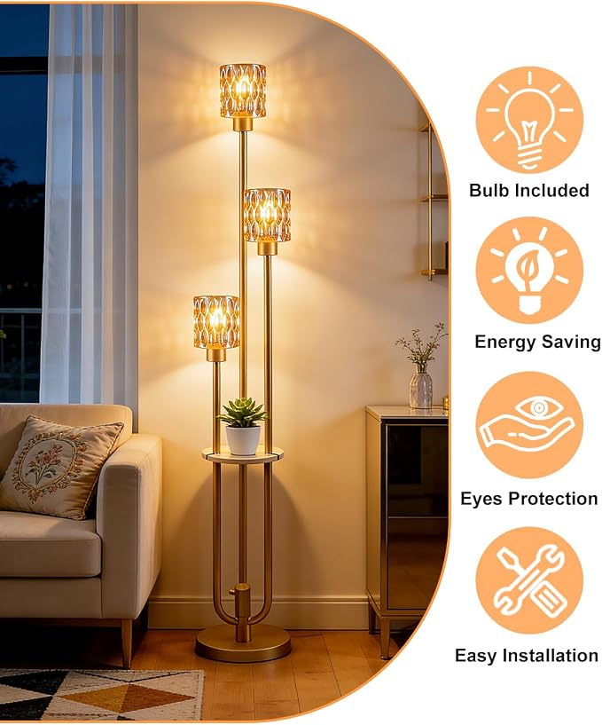 Lightdot 3-Lights Glass Floor Lamp for Living Room Modern Gold Floor Lamp with Amber Glass Shade for Wedding/Party Farmhouse Tall Standing Lamp with 5Lb Heavy Base for Bedroom/Sofa Beside/Corner Decor