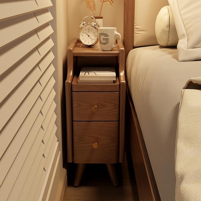 AQIMUELE Narrow Nightstand with Drawers, Wood Bedside Table, Small Walnut Nightstand Set of 2