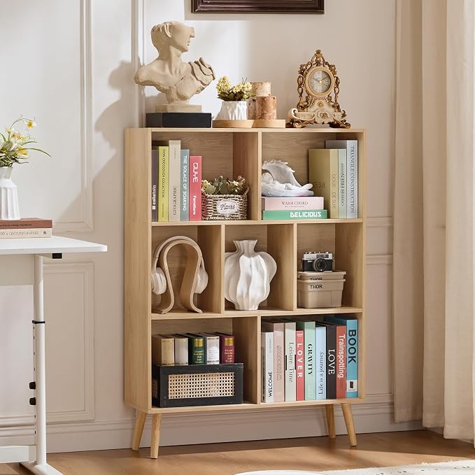 LEYAOYAO Cube Bookshelf 3 Tier Mid-Century Light Wood Modern Bookcase with Legs,Retro Wood Bookshelves Storage Organizer Shelf,Freestanding Open Book Shelves for Bedroom,Living Room,Office