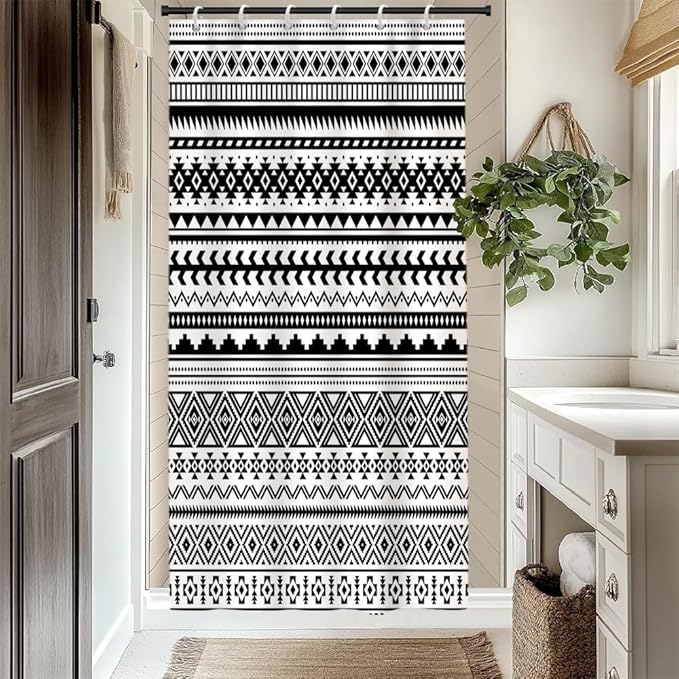 Bohemian Black White Shower Curtain for Bathroom Boho Geometric Shower Curtains Modern Abstract Aesthetic Bathroom Decor Set Washable Waterproof Polyester Fabric with Hooks 48x72 Inch