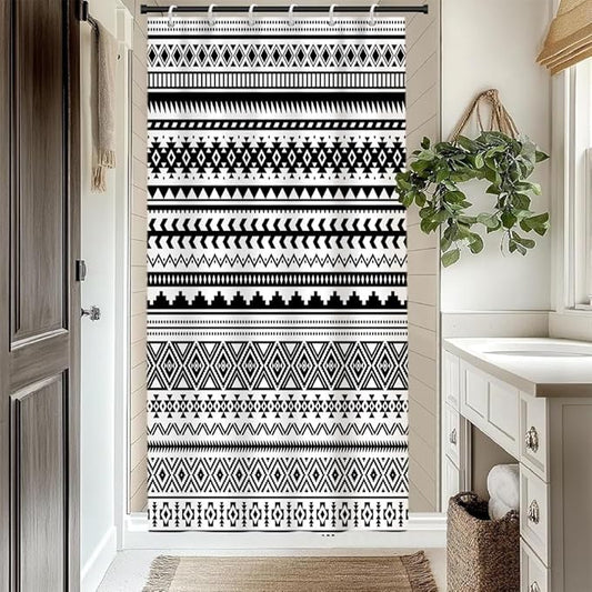Bohemian Black White Shower Curtain for Bathroom Boho Geometric Shower Curtains Modern Abstract Aesthetic Bathroom Decor Set Washable Waterproof Polyester Fabric with Hooks 48x72 Inch